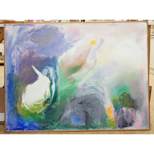 1747 - Kay Tarry, oil on canvas, abstract composition, angel, 121cm x 91cm