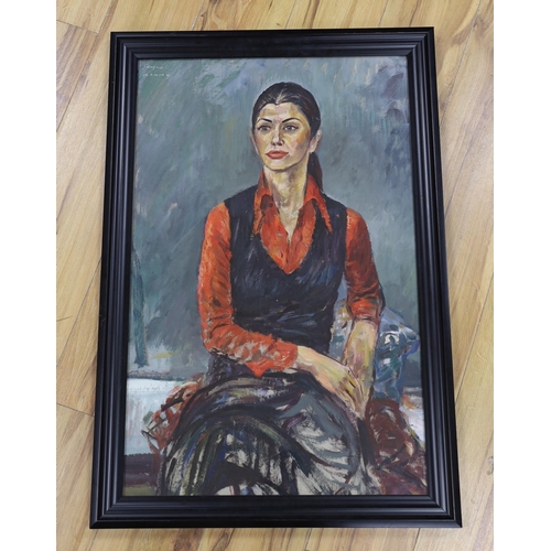 1748 - Derek Sayer (b.1917), oil, Portrait of a seated Iranian lady, signed and inscribed, 75cm x 48cm... 