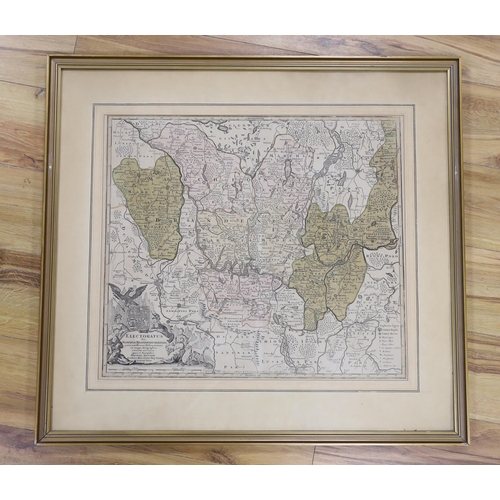 1750 - A framed hand coloured engraving, Map of Brandenburg, by Mattheus Seutter, c.1730, 57 x 50cm