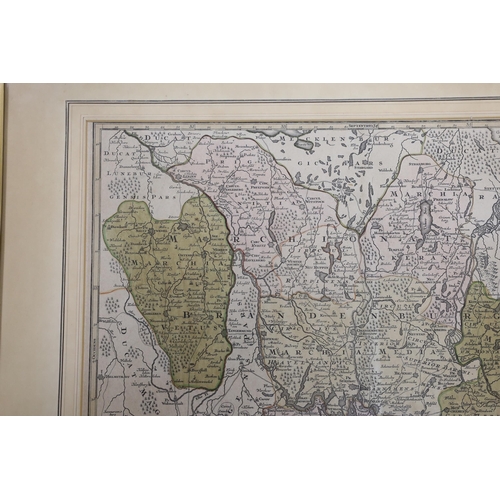 1750 - A framed hand coloured engraving, Map of Brandenburg, by Mattheus Seutter, c.1730, 57 x 50cm