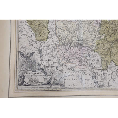 1750 - A framed hand coloured engraving, Map of Brandenburg, by Mattheus Seutter, c.1730, 57 x 50cm