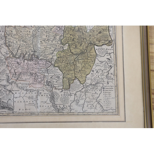 1750 - A framed hand coloured engraving, Map of Brandenburg, by Mattheus Seutter, c.1730, 57 x 50cm