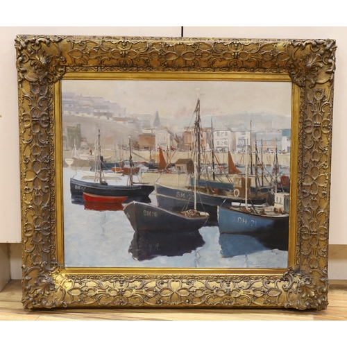 1752 - William Scudder (20th. C) oil on canvas, 'Brixham harbour' signed, 59cm x 49cm, ornate gilt frame... 