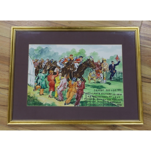 1757 - Milo Stuckel, watercolour, The 1939 Belgian Derby, signed and inscribed, 52 x 35cm