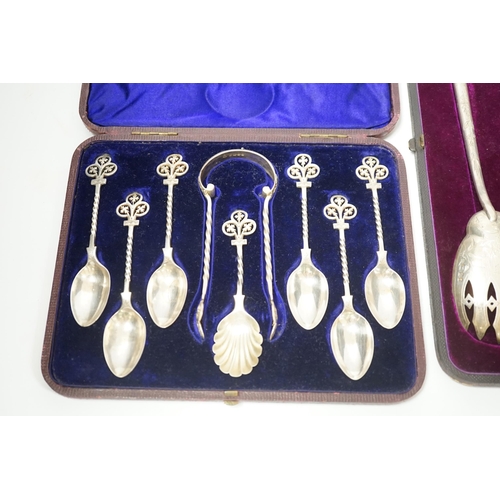 1862 - A cased pair of Victorian aesthetic period silver salad servers, Atkin Brothers, Sheffield, 1881 and... 