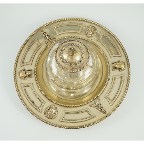 1868 - A Victorian silver gilt circular inkstand, by Robert Hennell III, with single mounted glass well and... 