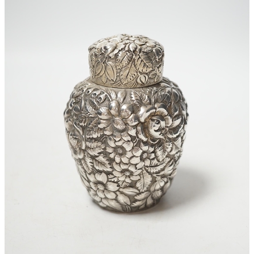 1877 - An early 20th century American Galt Bros. sterling tea caddy, embossed with flowers, 10.3cm, 4.7oz.... 