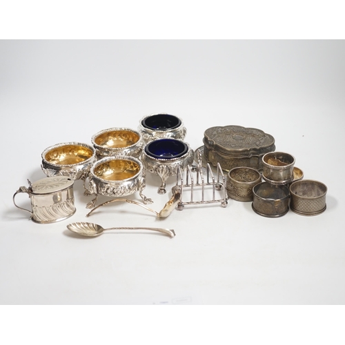 1878 - Five assorted Georgian silver bun salts and sundry small silver wares including napkin rings, flatwa... 