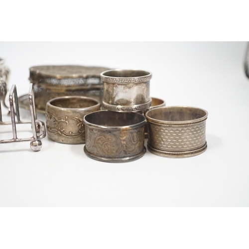 1878 - Five assorted Georgian silver bun salts and sundry small silver wares including napkin rings, flatwa... 