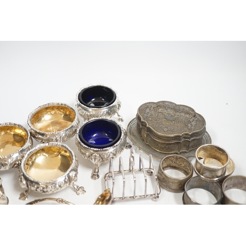 1878 - Five assorted Georgian silver bun salts and sundry small silver wares including napkin rings, flatwa... 