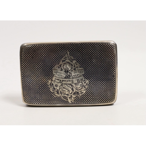 1890 - A 19th century Russian? white metal and niello rectangular snuff box, decorated with a pensive figur... 