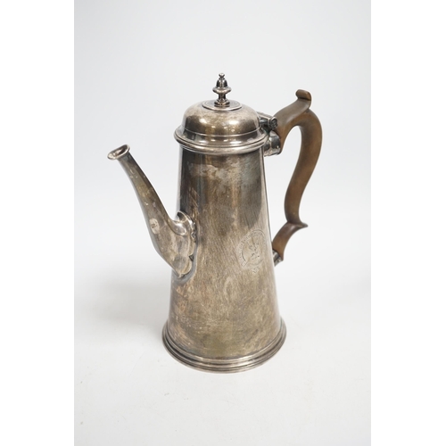 1892 - A George III silver chocolate pot, by Robert Lucas, of tapering cylindrical form, with engraved armo... 