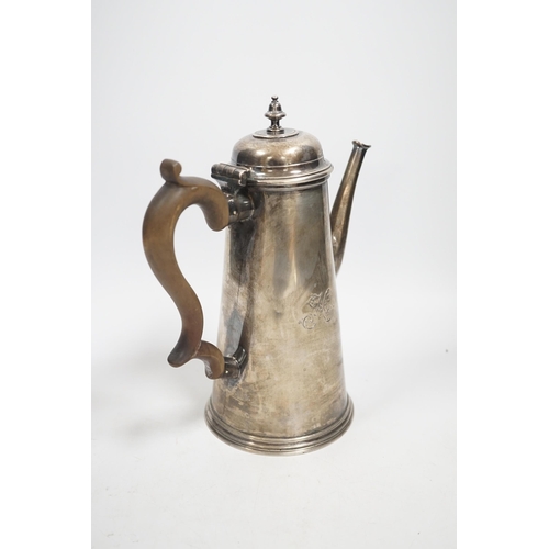 1892 - A George III silver chocolate pot, by Robert Lucas, of tapering cylindrical form, with engraved armo... 