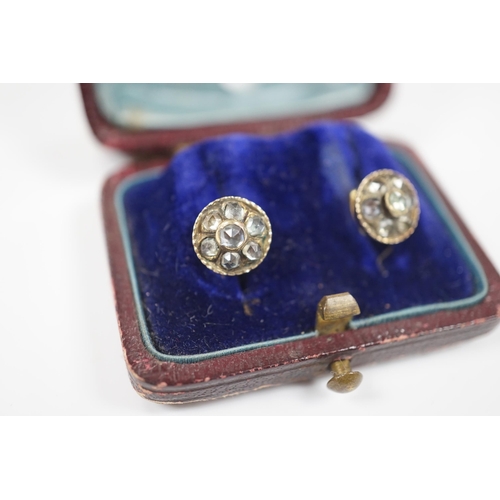 1926 - A pair of antique yellow metal and paste cluster set ear studs, diameter 9mm.