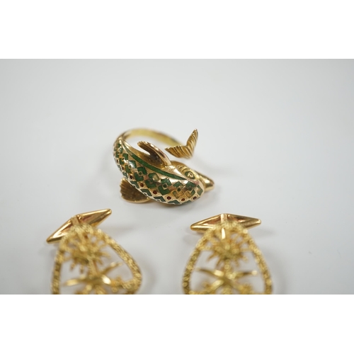 1933 - A continental 18k and two colour enamel dolphin ring, size N and a pair of 750 yellow metal Middle E... 