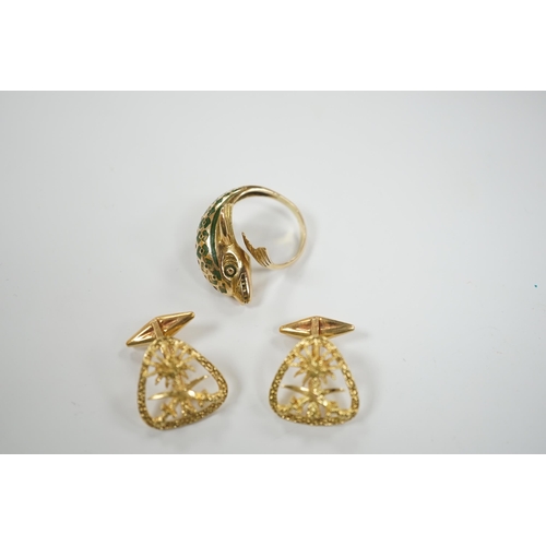 1933 - A continental 18k and two colour enamel dolphin ring, size N and a pair of 750 yellow metal Middle E... 