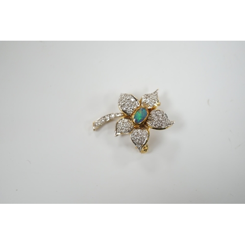 1936 - A modern 750 yellow metal, opal doublet? and diamond chip set flower brooch, 31mm, gross weight 7.3 ... 