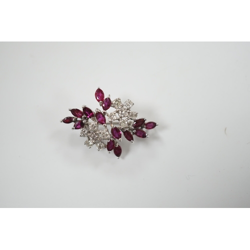 1937 - A modern white metal, ruby and diamond cluster set foliate spray pendant brooch, 32mm, gross weight ... 