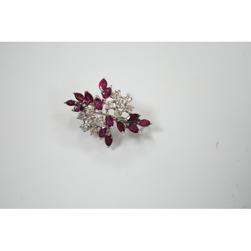 1937 - A modern white metal, ruby and diamond cluster set foliate spray pendant brooch, 32mm, gross weight ... 