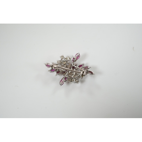 1937 - A modern white metal, ruby and diamond cluster set foliate spray pendant brooch, 32mm, gross weight ... 