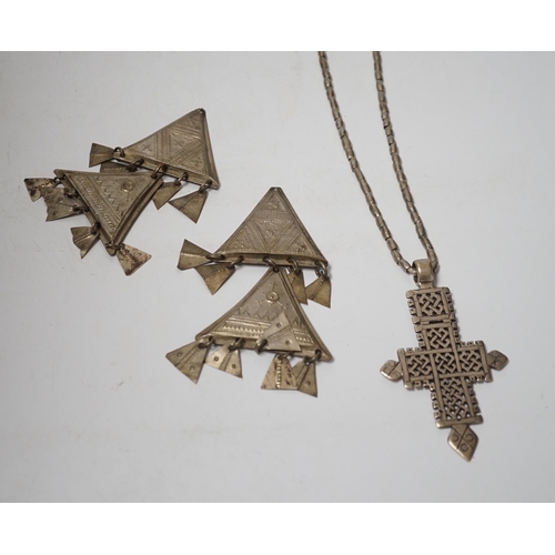 1940 - An Ethiopian white metal cross pendant necklace, overall 90cm, together with a pair of Tuareg silver... 