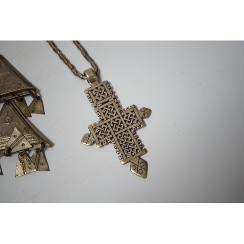 1940 - An Ethiopian white metal cross pendant necklace, overall 90cm, together with a pair of Tuareg silver... 