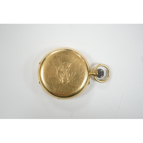 1941 - An 18ct gold keyless hunter pocket watch, with Roman dial and subsidiary seconds, the case with engr... 