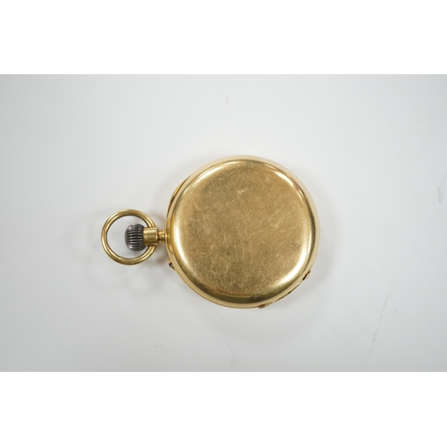 1941 - An 18ct gold keyless hunter pocket watch, with Roman dial and subsidiary seconds, the case with engr... 