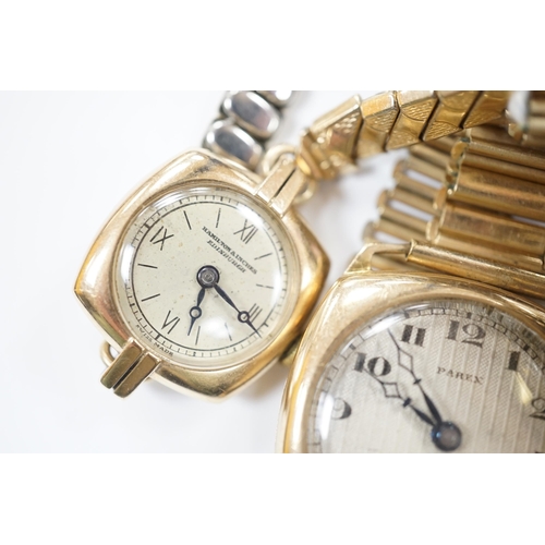 1945 - A gentleman's 1930's? yellow metal manual wind Parex wrist watch, on a gold plated bracelet, a lady'... 