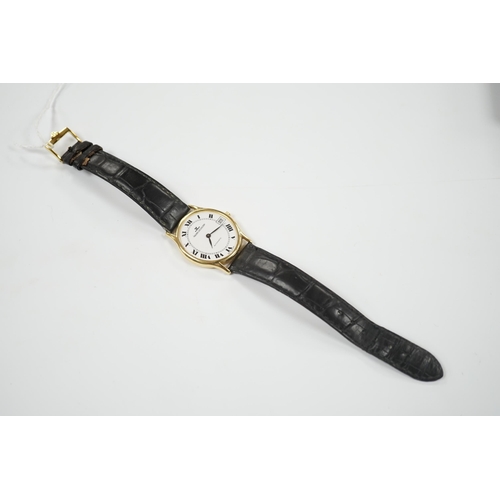 1948 - A gentleman's 18k Jaeger LeCoultre automatic dress wrist watch, with oval Roman dial and date apertu... 