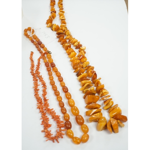 1953 - A single strand graduated amber bead necklace, 56cm, gross weight 34 grams, one other amber necklace... 