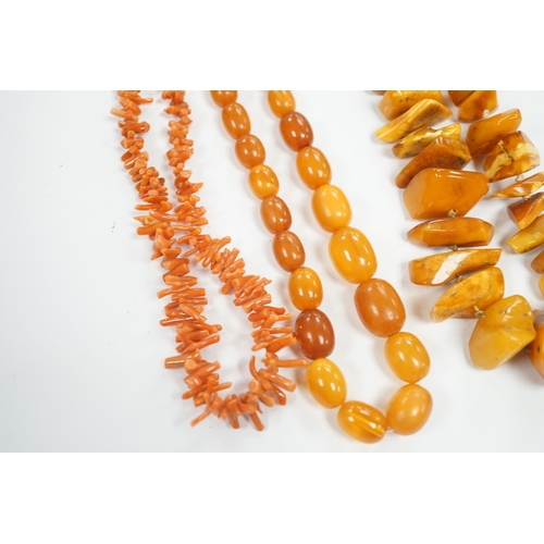 1953 - A single strand graduated amber bead necklace, 56cm, gross weight 34 grams, one other amber necklace... 