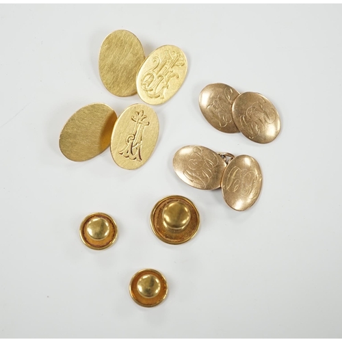 1960 - A pair of 18ct gold oval cufflinks, with engraved monogram, three 18ct dress studs and a pair of 9ct... 