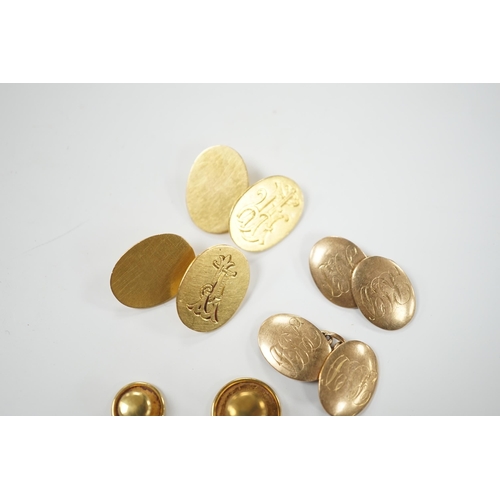 1960 - A pair of 18ct gold oval cufflinks, with engraved monogram, three 18ct dress studs and a pair of 9ct... 