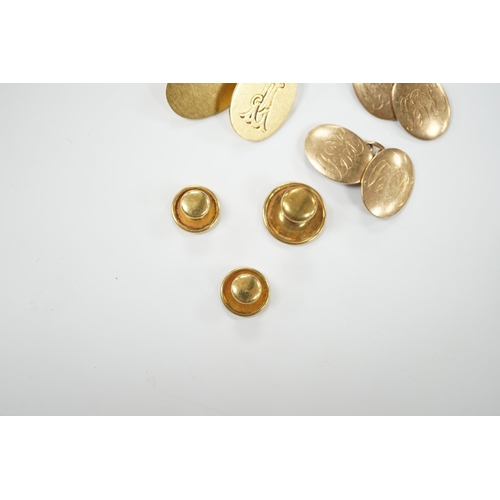 1960 - A pair of 18ct gold oval cufflinks, with engraved monogram, three 18ct dress studs and a pair of 9ct... 