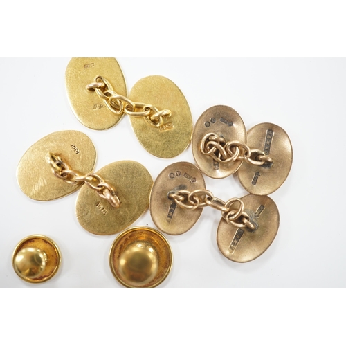 1960 - A pair of 18ct gold oval cufflinks, with engraved monogram, three 18ct dress studs and a pair of 9ct... 