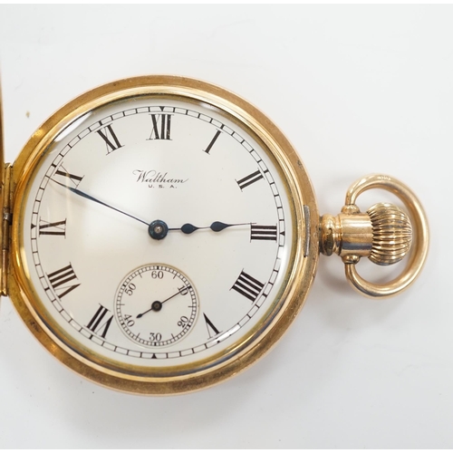 1963 - A gold plated Waltham half hunter keyless pocket watch, with Roman dial and subsidiary seconds.... 