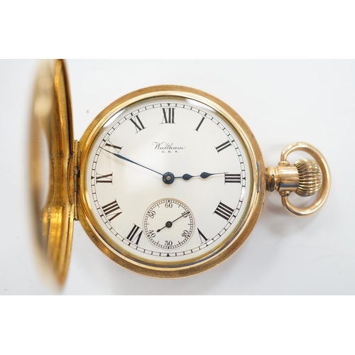 1963 - A gold plated Waltham half hunter keyless pocket watch, with Roman dial and subsidiary seconds.... 