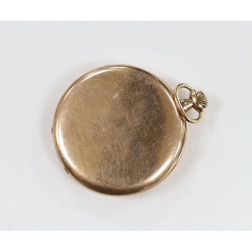 1966 - A 1920's Swiss 9ct gold open face keyless dress pocket watch, with Arabic dial and subsidiary second... 