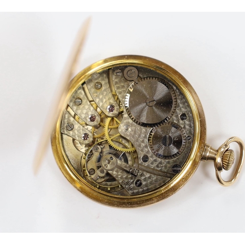 1966 - A 1920's Swiss 9ct gold open face keyless dress pocket watch, with Arabic dial and subsidiary second... 