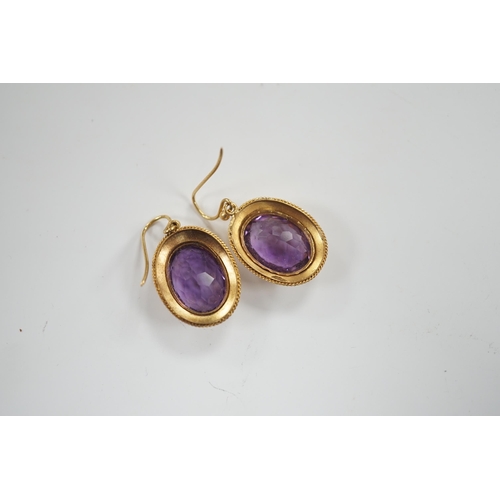 1967 - A pair of Victorian yellow metal and amethyst set oval drop earrings, 21mm, gross weight 6.3 grams.... 