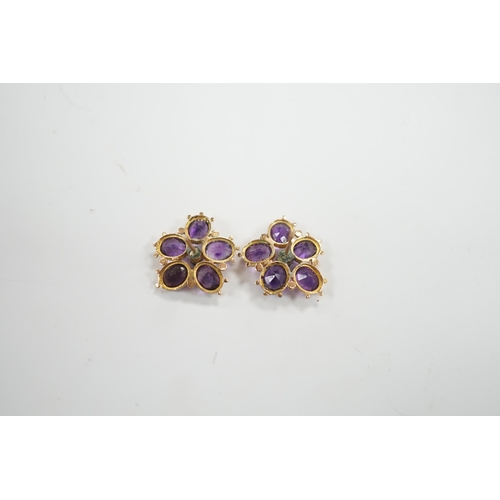 1970 - A pair of yellow metal, amethyst and  seed pearl set flowerhead ear studs, 18mm, gross weight 4 gram... 