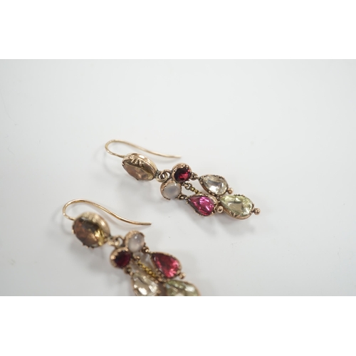 1971 - A pair of Victorian  yellow metal and foil backed quartz set drop earrings, 35mm, gross weight 4.5 g... 