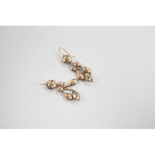 1971 - A pair of Victorian  yellow metal and foil backed quartz set drop earrings, 35mm, gross weight 4.5 g... 