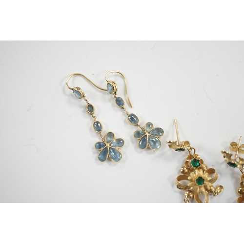 1972 - A pair of yellow metal and green paste set drop earrings, 41mm and a pair of yellow metal and aquama... 