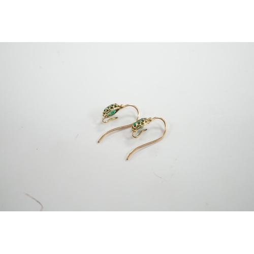 1973 - A pair of Victorian yellow metal and emerald set earrings (lacking drops), 6mm diameter, gross weigh... 