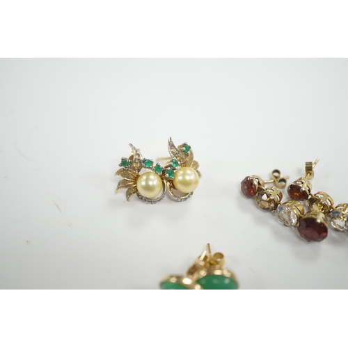 1974 - A pair of 1950s emerald and cultured pearl cluster set  earrings,  17mm, a pair of yellow metal and... 