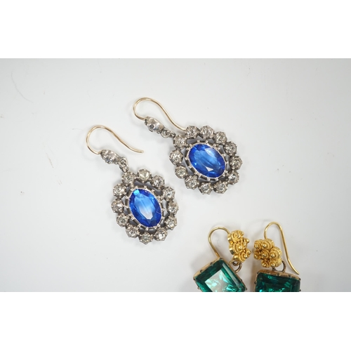 1975 - A pair of yellow metal and foil backed green paste set drop earrings, 11mm and a pair of blue and wh... 