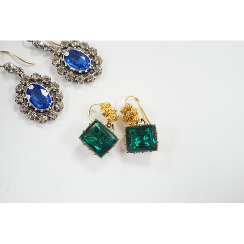 1975 - A pair of yellow metal and foil backed green paste set drop earrings, 11mm and a pair of blue and wh... 