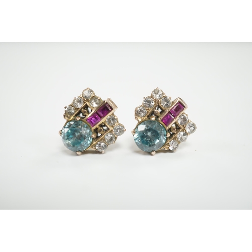 1976 - A pair of  Art Deco yellow metal, blue zircon and two colour paste set cluster ear studs, 11mm, gros... 